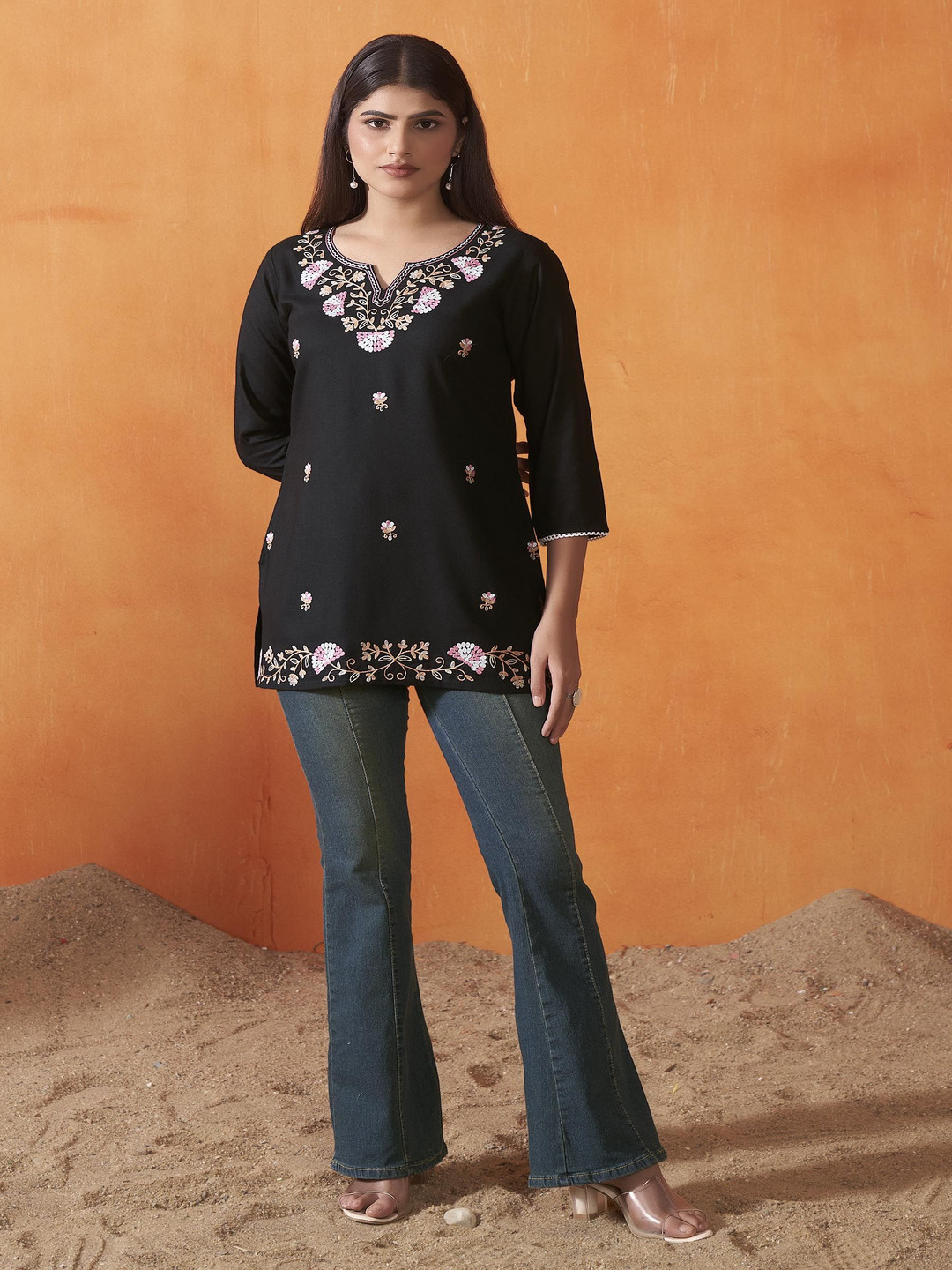Anouk Black And White Ethnic Motifs Embroidered Notch-Neck Kurti