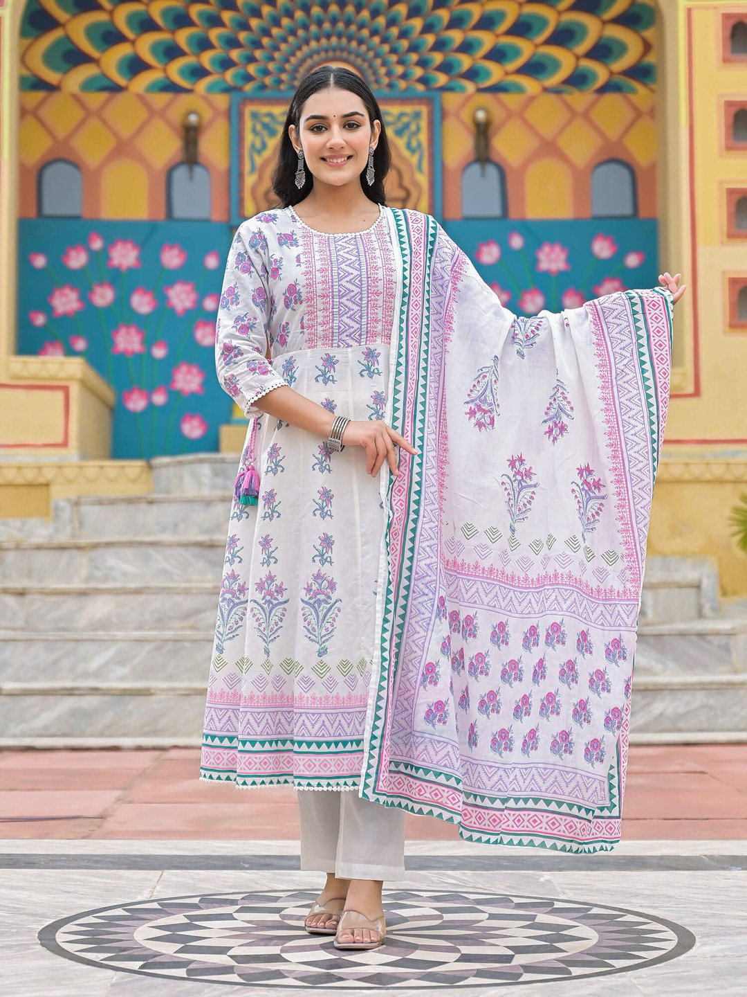 SHIFORY Floral Printed Panelled Pure Cotton A-Line Kurta With Trousers And Dupatta