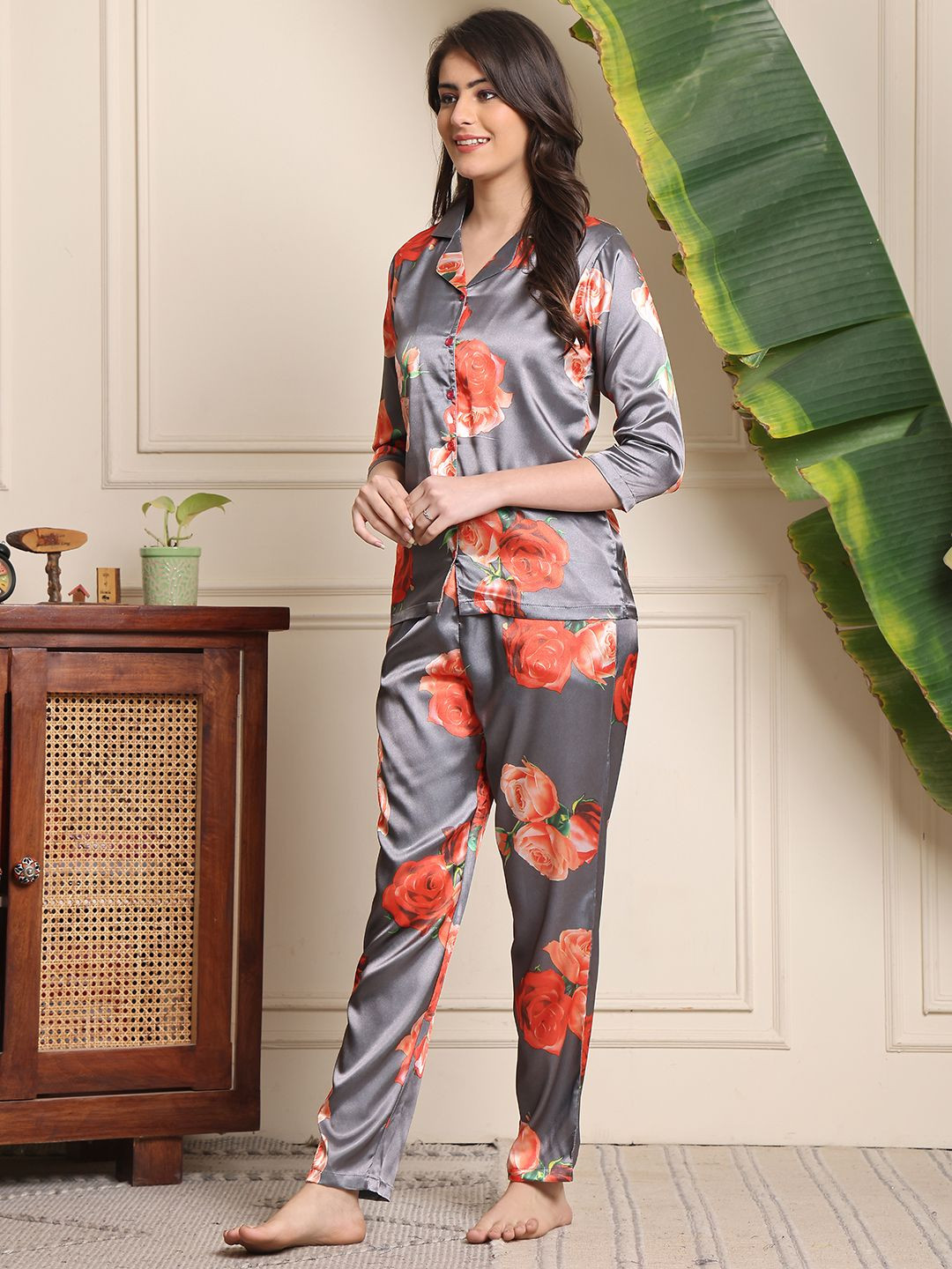 Claura Satin Floral Shirt with Pyjamas Night Suit