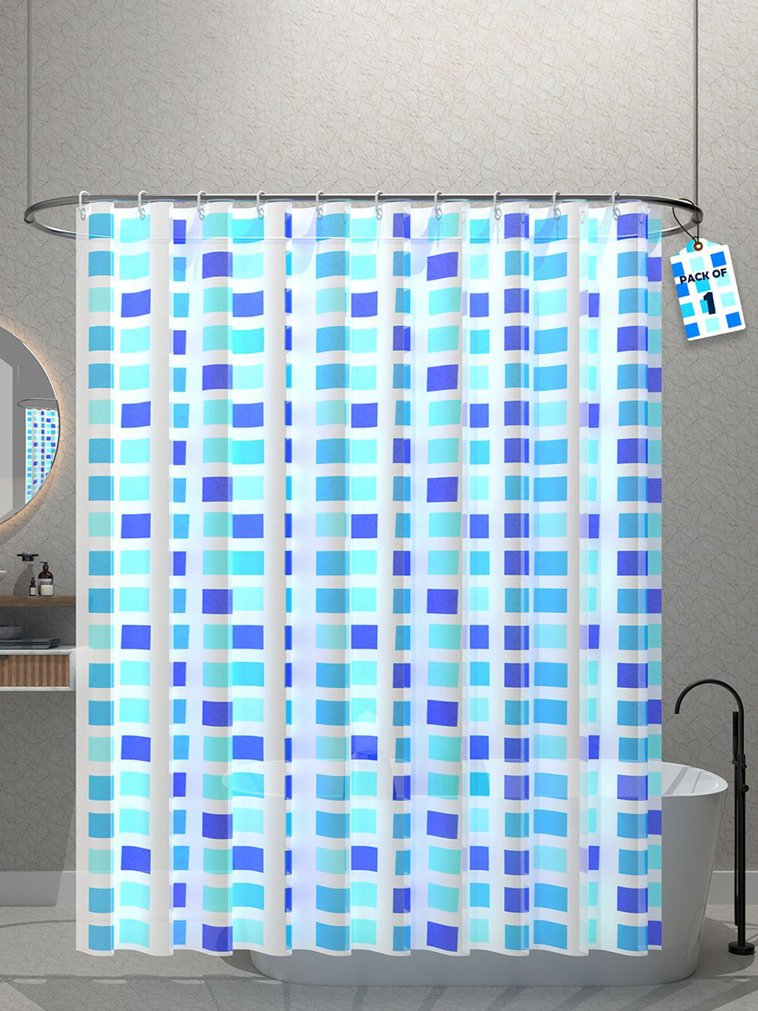 Kuber Industries Blue & White Shower Curtains with 12 Rings
