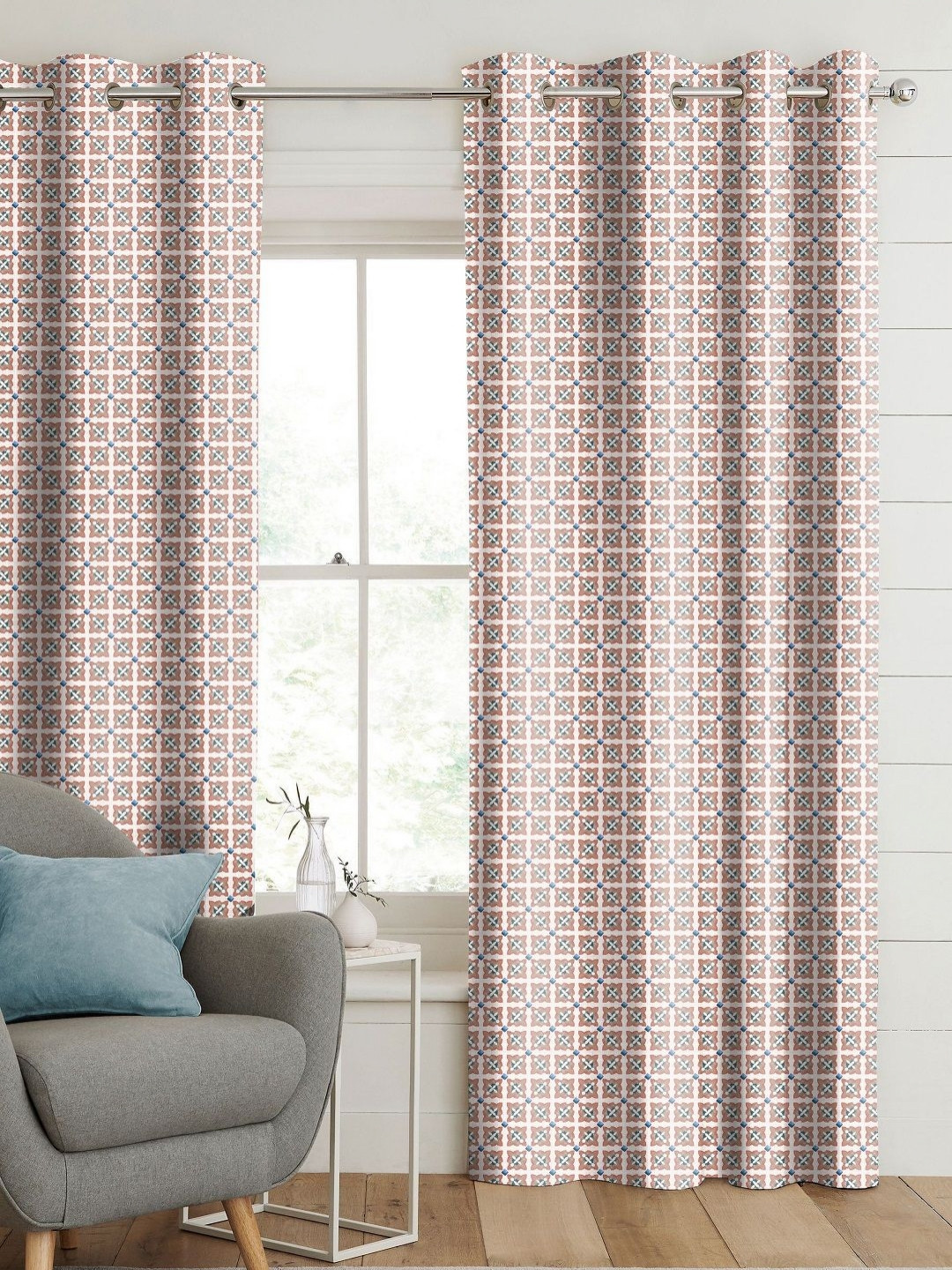 CASABLEU Anthem Doha Blue 2 Pieces Geometric Printed Room Darkening Long Door Curtains