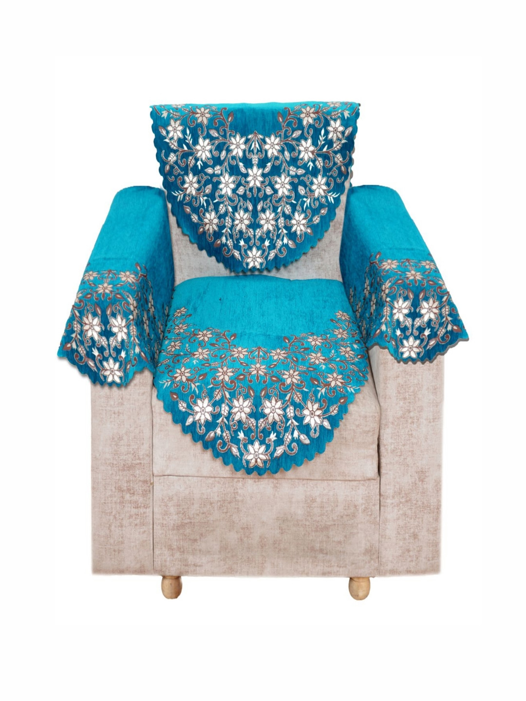Fashion Throw Turquoise Blue 4 Pieces Floral Single Seater Jacquard Sofa Cover With Arms