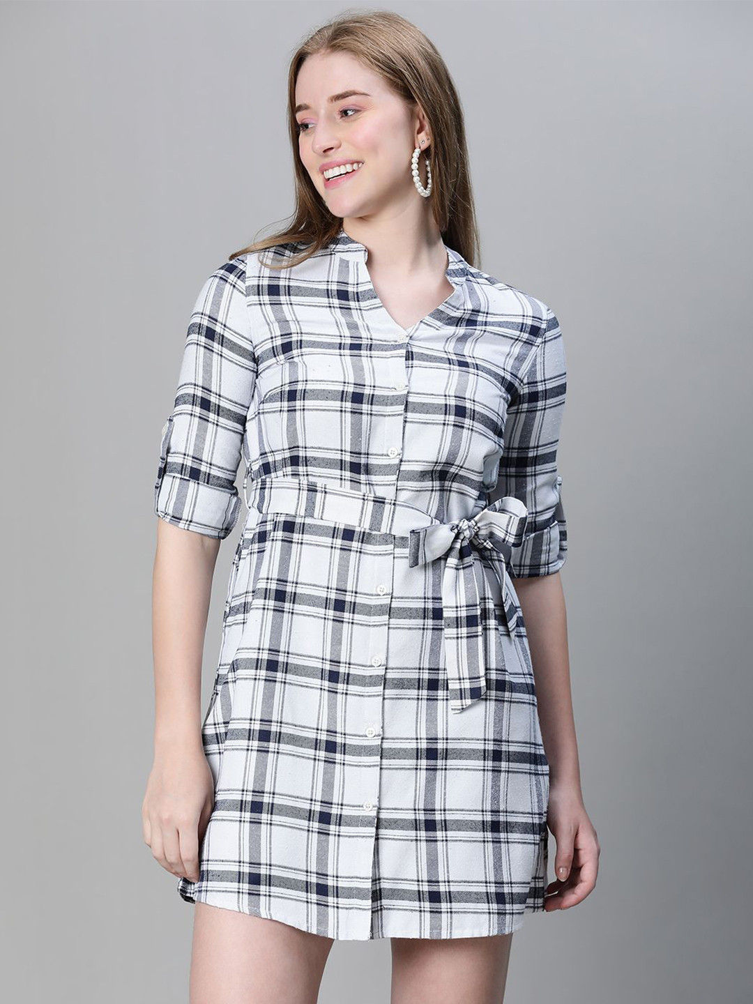 Oxolloxo Women Check Print V-Neck Long Sleeve Belted Button Down Cotton Dress