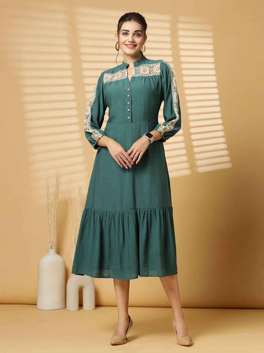 Get Glamr Women Organic Cotton Lace Inserts Fit & Flare Midi Dress