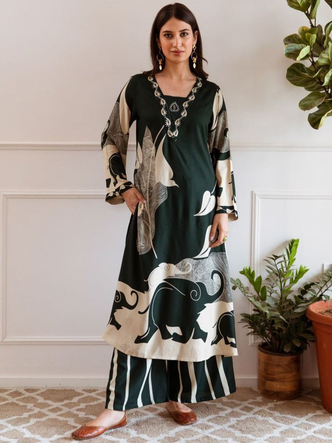 Anouk Teal Green Animal Printed V-Neck Beads & Stones Straight Kurta With Palazzos