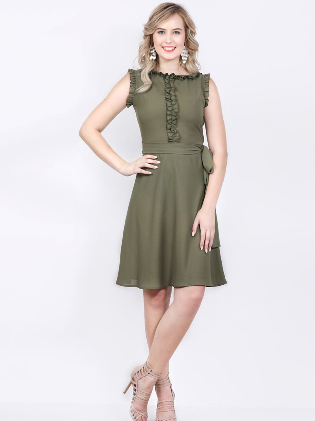 DELIS Boat Neck Sleeveless Georgette A-Line Dress With Waist Tie ups