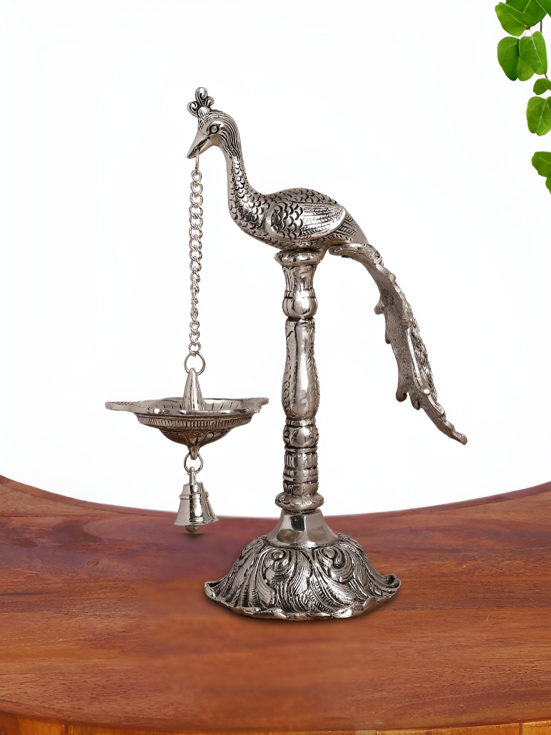 INTERNATIONAL GIFT Hanging Peacock Diya with Bell Silver Metal Metallic Prayer Room Large Showpiece - 2.2 Inches