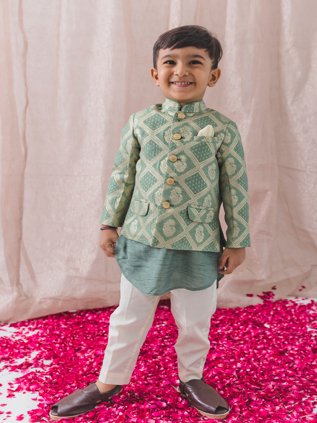 Tiber Taber Boys Woven Design Riwayat Brocade Bandhgala Ethnic Kurta & Coat With Trousers