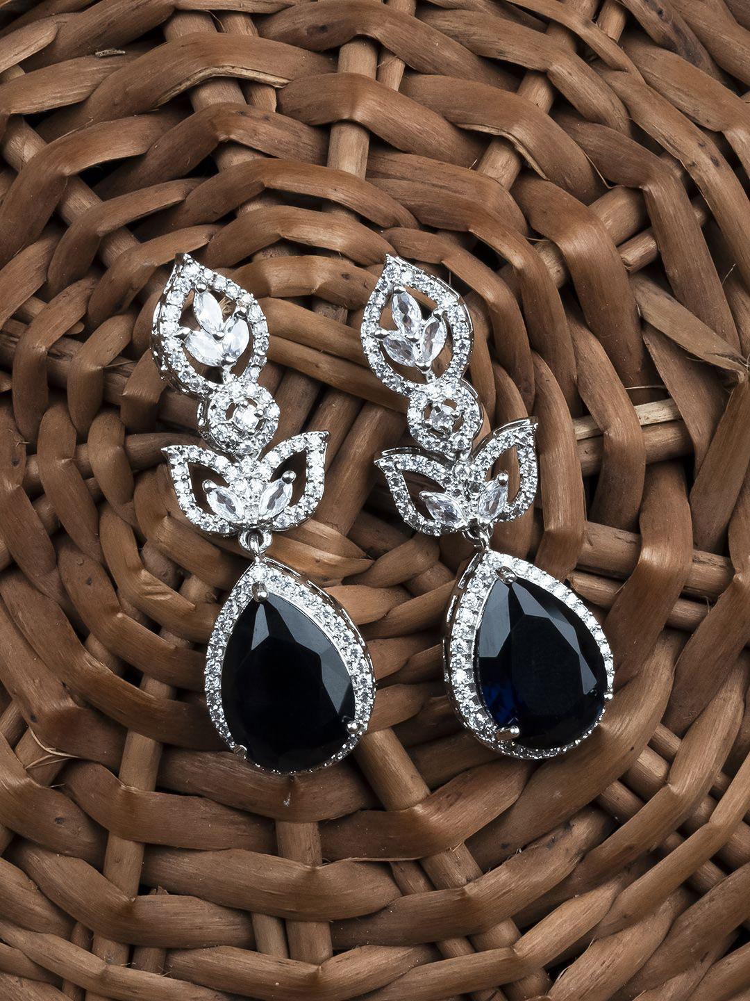 StileAdda Sparkling Silver-Plated Teardrop Shaped Cubic Zirconia Studded Drop Earrings
