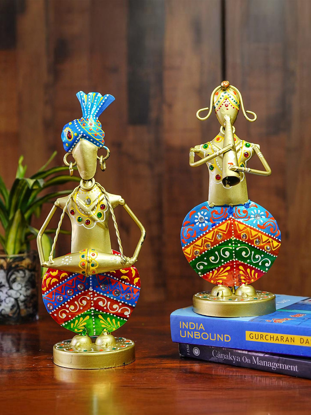 Ekhasa Rajasthani Musicians Gold Metal Metallic Living Room Music Set of 2 Small Showpieces - 8.3 Inches