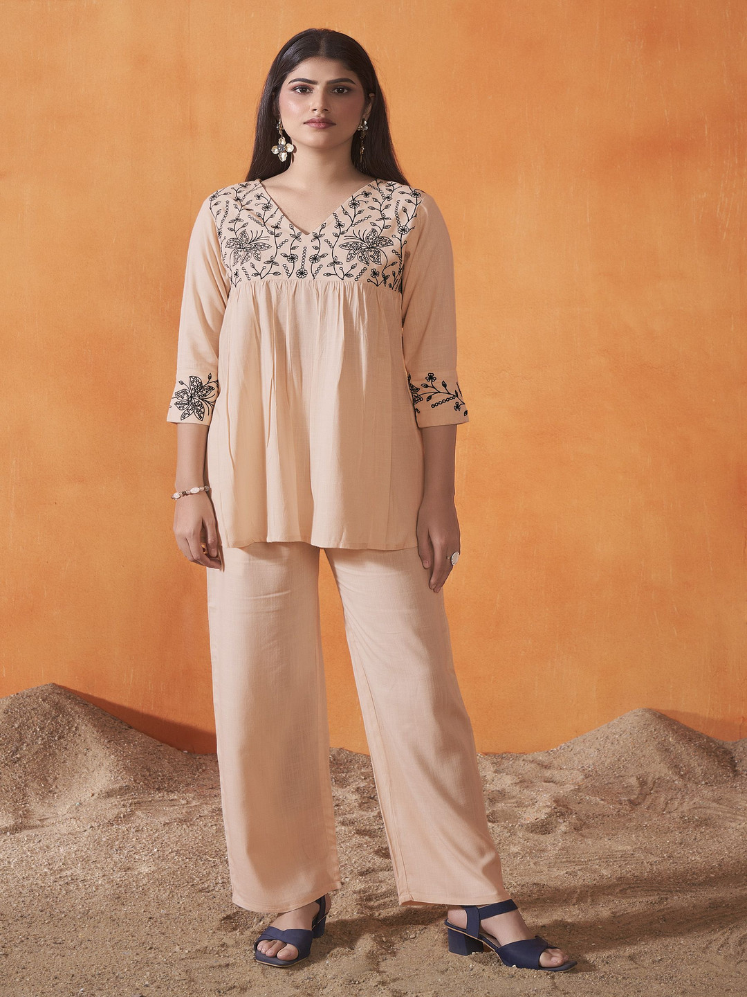 Anouk Cream & Black Floral Embroidered Thread Work Tunic With Palazzos