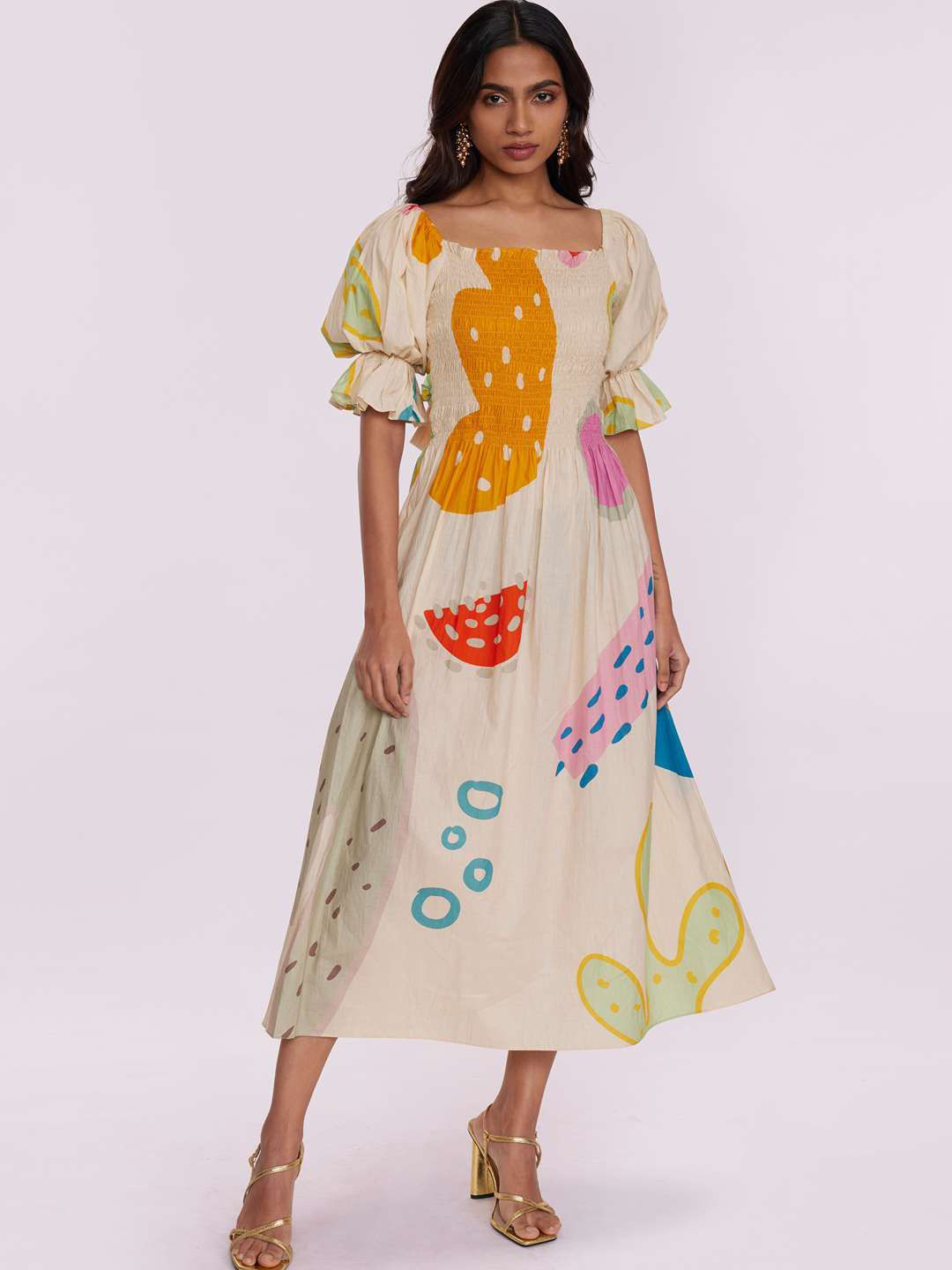POPPI Floral Print Flutter Sleeve A-Line Midi Dress