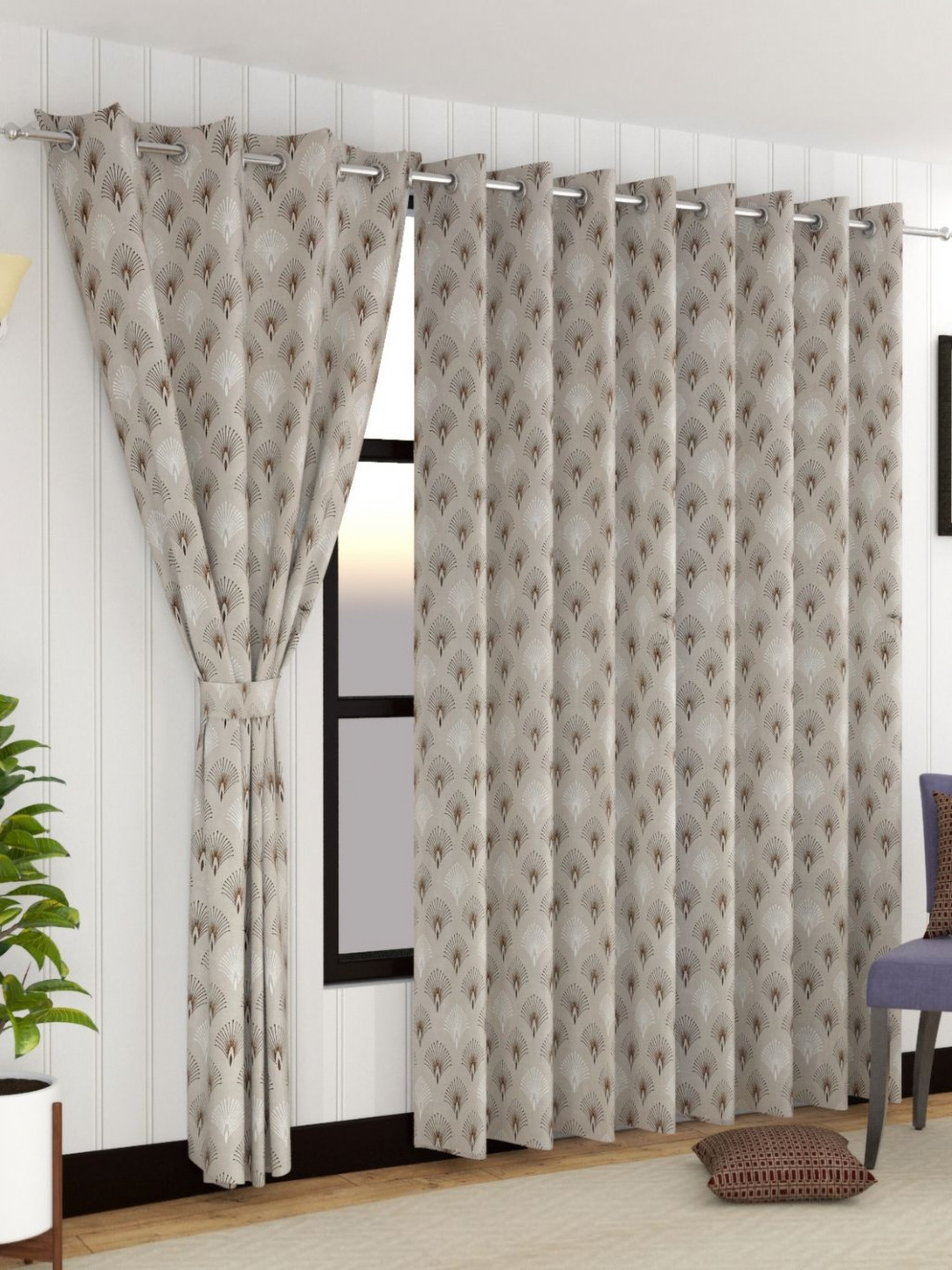 Florida Brown & Beige Floral Printed Black Out Long Door Curtain