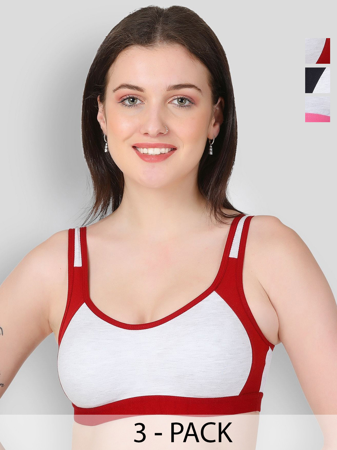 Famup Pack Of 3 Double Layered Cotton Sports Bra