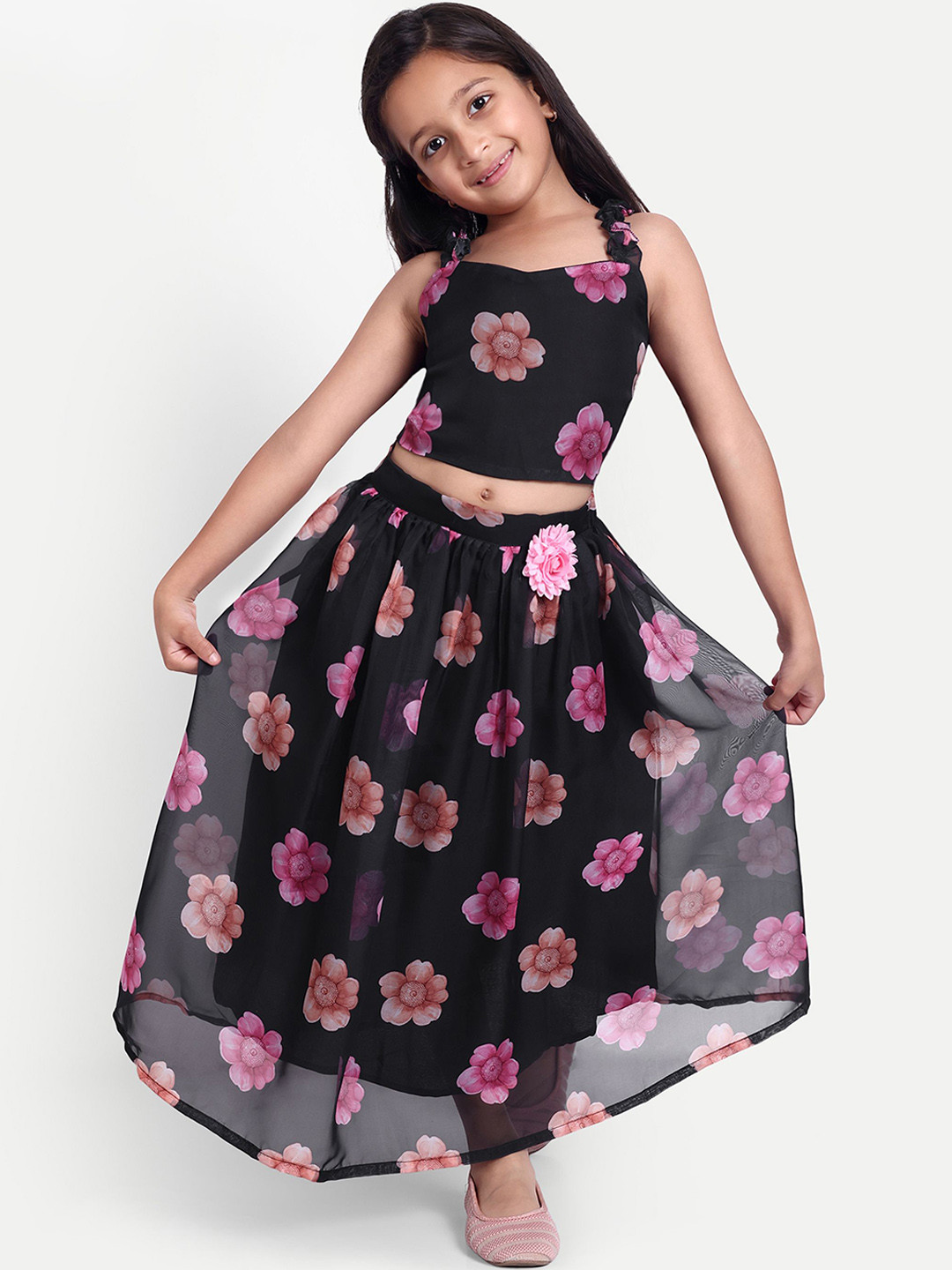 FEBVIBE Girls Floral Printed Sweetheart Neck Shoulder Straps Lehenga Choli