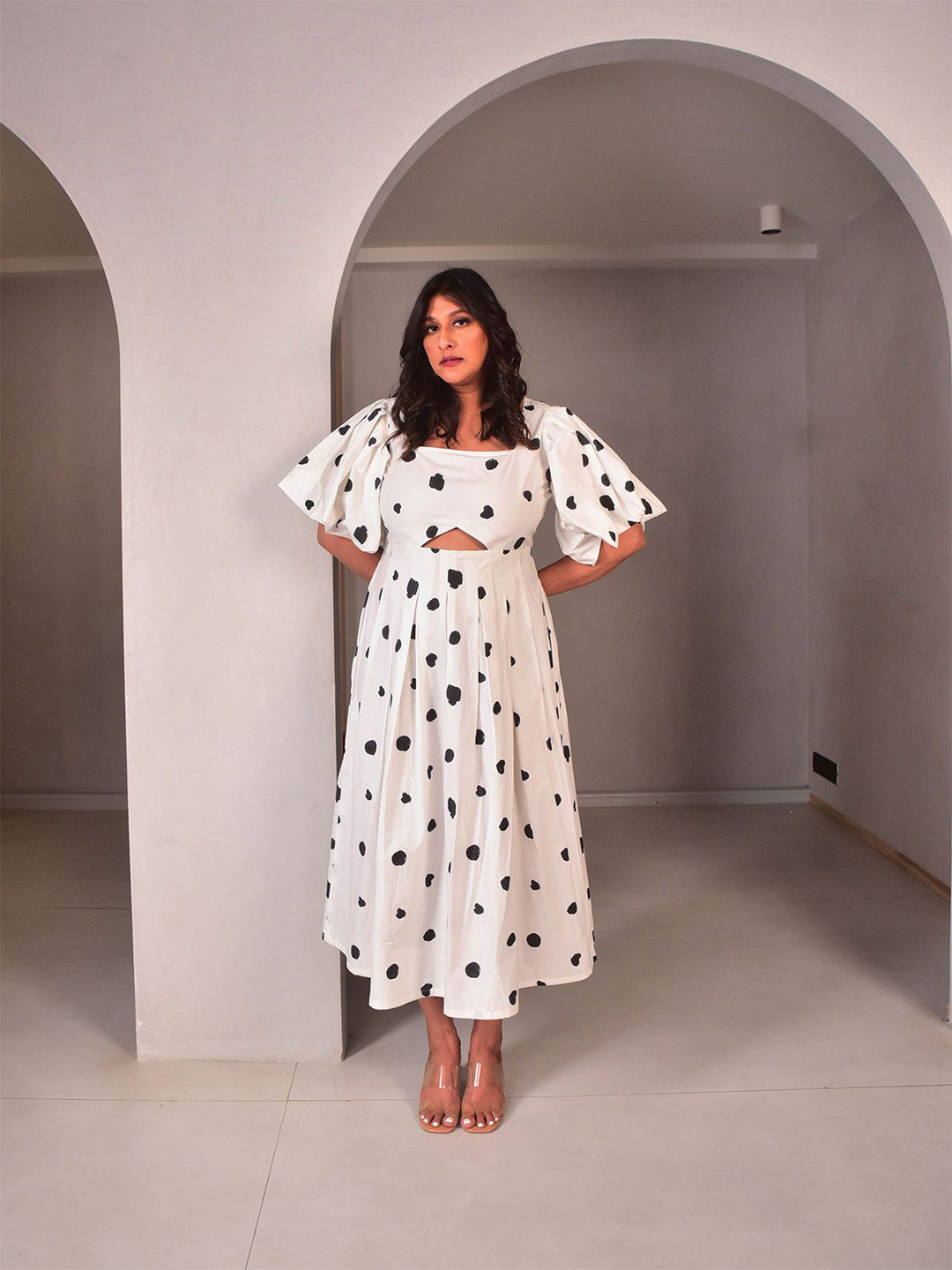 WHY SO BLUE Women Cotton Polka Dots Printed Dottie Cut Out Dress