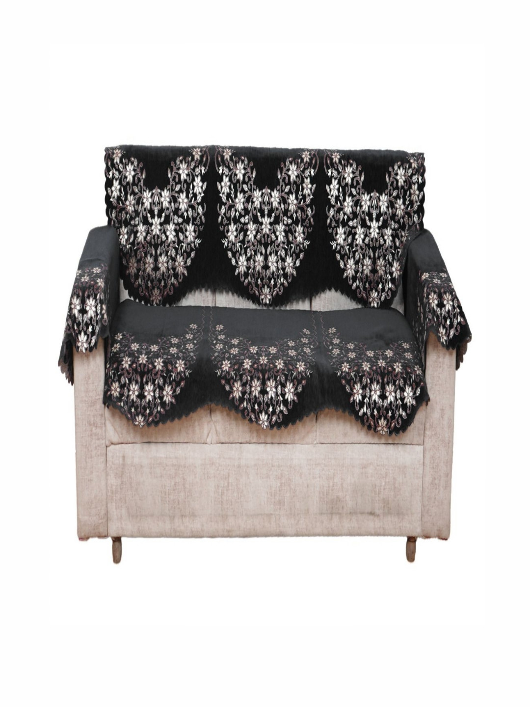 Fashion Throw Grey & White 4 Pieces Floral Printed 3-Seater Jacquard Sofa Cover With Arms