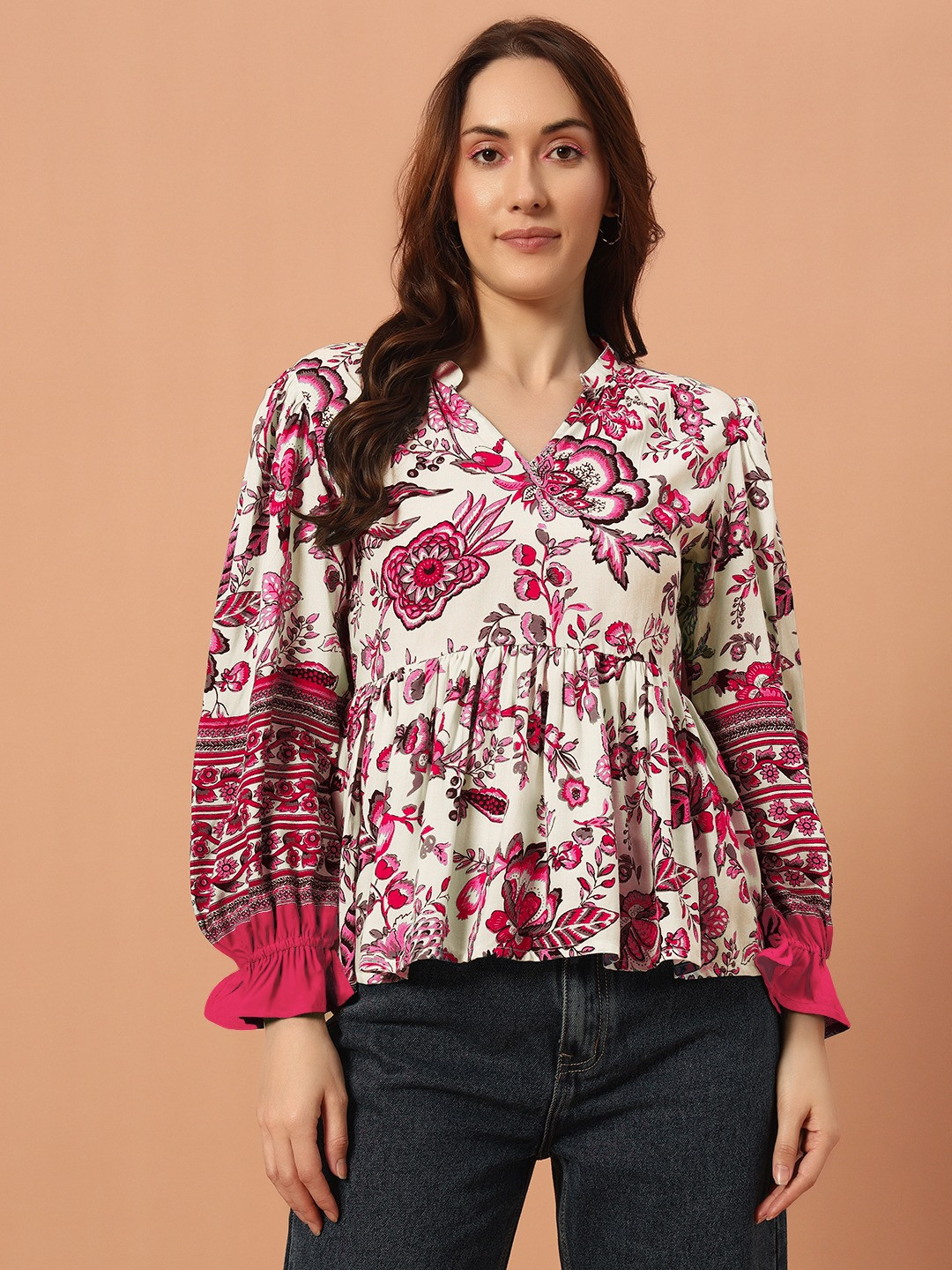 The Dry State Women Floral Printed Bishop Sleeves Peplum Top