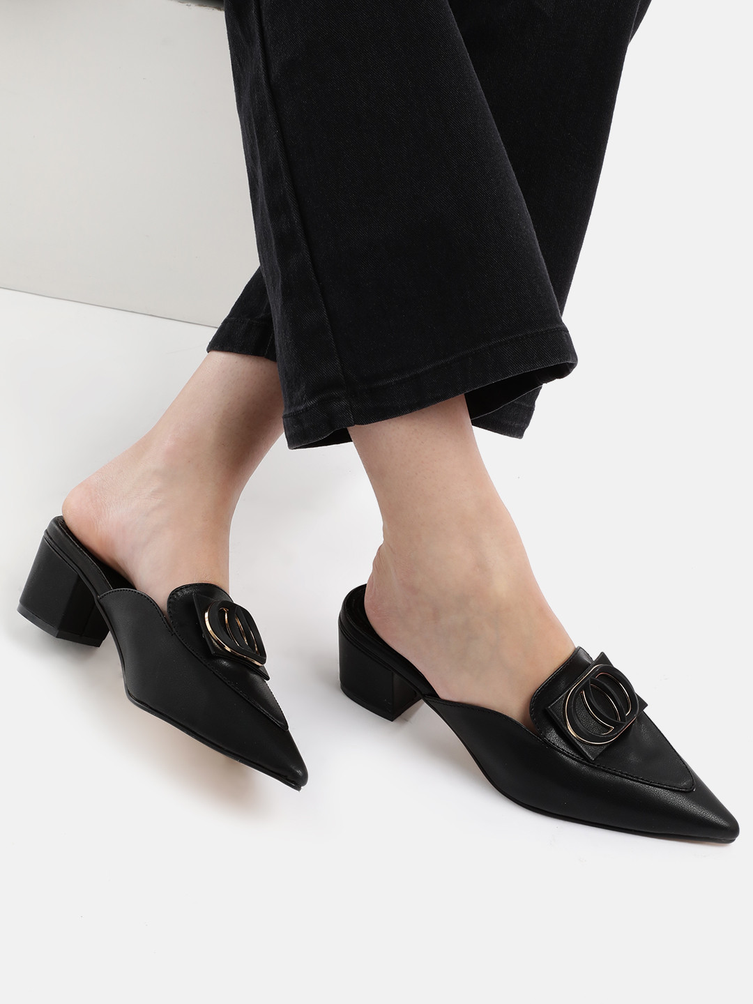 AXIUM Embellished Work Kitten Mules with Buckles