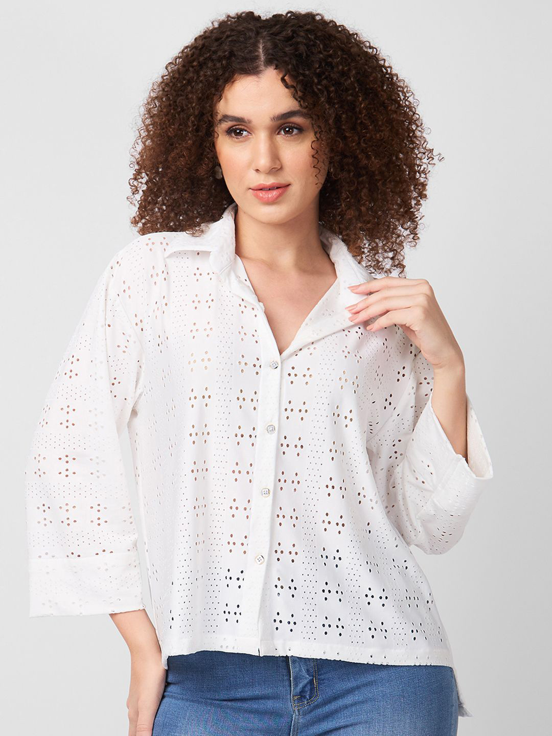 Iti Women Spread Collar Textured Schiffli Casual Shirt