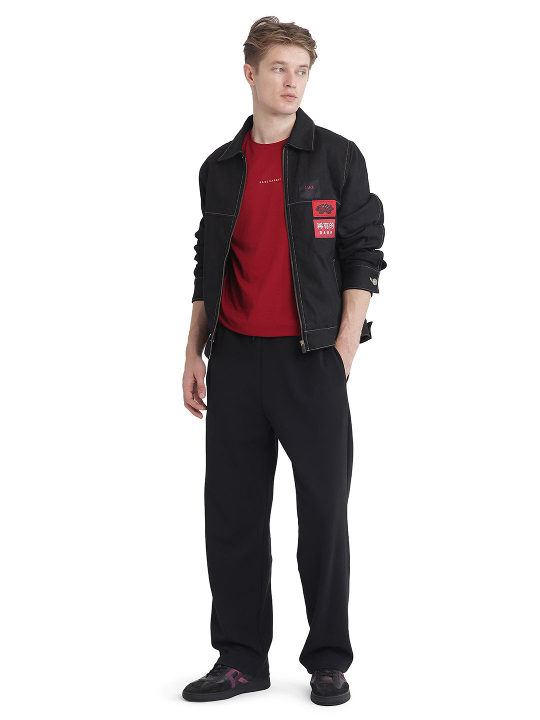 RARE RABBIT DALTON Men Primary Black Cotton Regular Fit Tailored Trousers