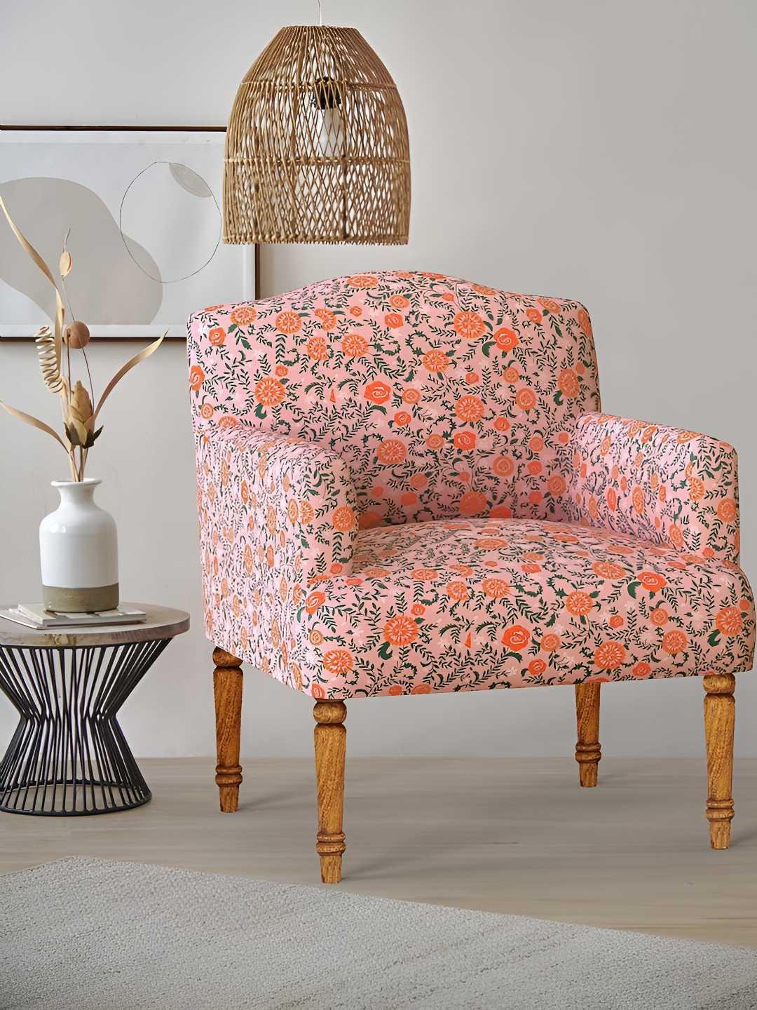 Chumbak Nawaab Pink & Orange-Coloured Floral Printed Earthy Peach Nawaab Arm Chair