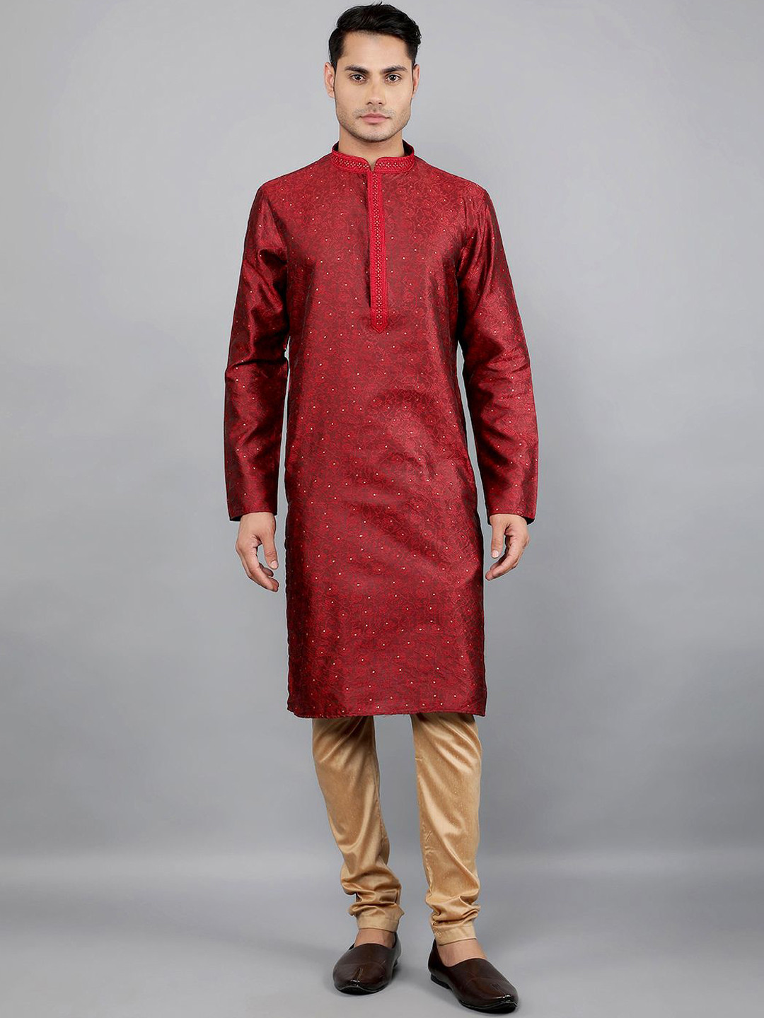 Manish Creations Men's Woven Design Silk Blend Ethnic Kurta Set