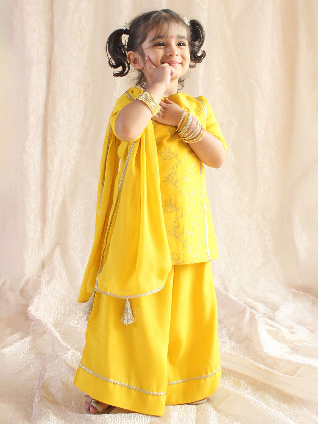 Tiber Taber Glow Girls Floral Woven Design Gotta Patti Kurti With Palazzo & Dupatta