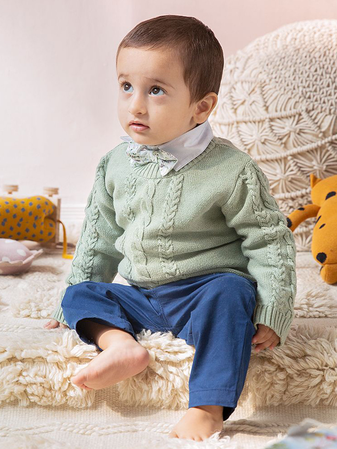 THE BABY TRUNK Self Design Cabel Round Neck Woollen Sweater