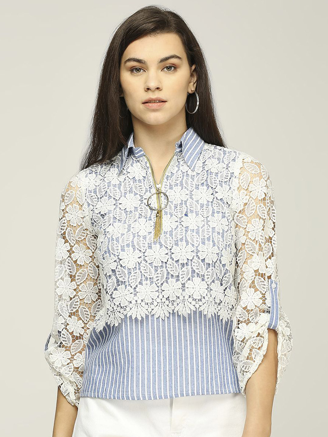 Iti Women Shirt Collar Front Zipper Cotton Top