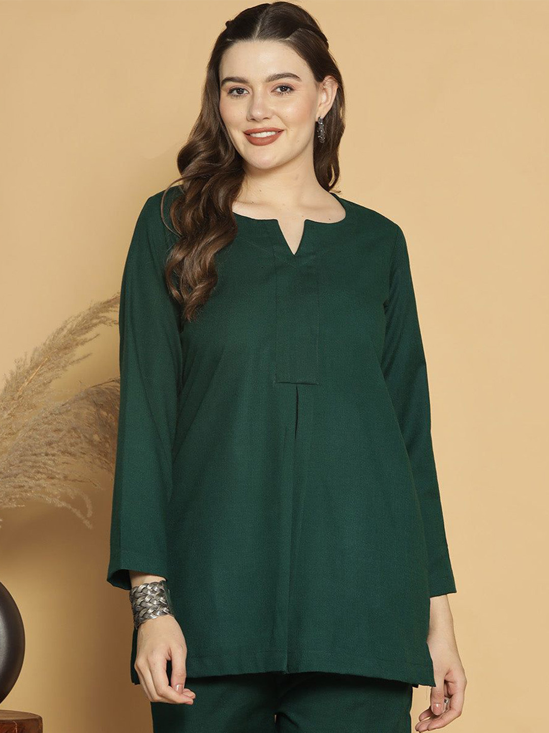 LetsDressUp Women Bottle Green Acrylic Pleated Top -Solid  XS