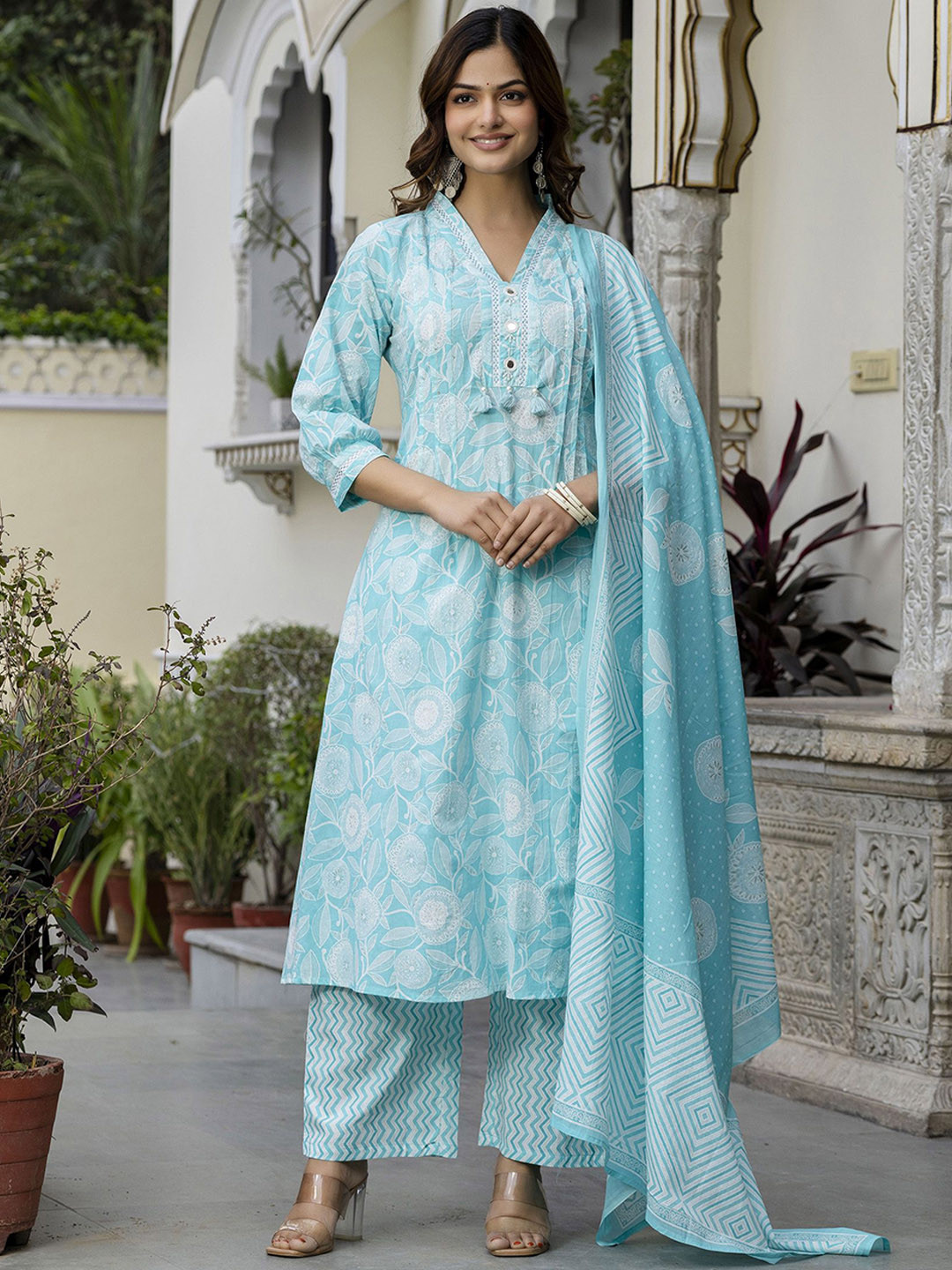 Anouk Floral Turquoise Blue Printed V-Neck Pure Cotton Kurta With Palazzo And Dupatta