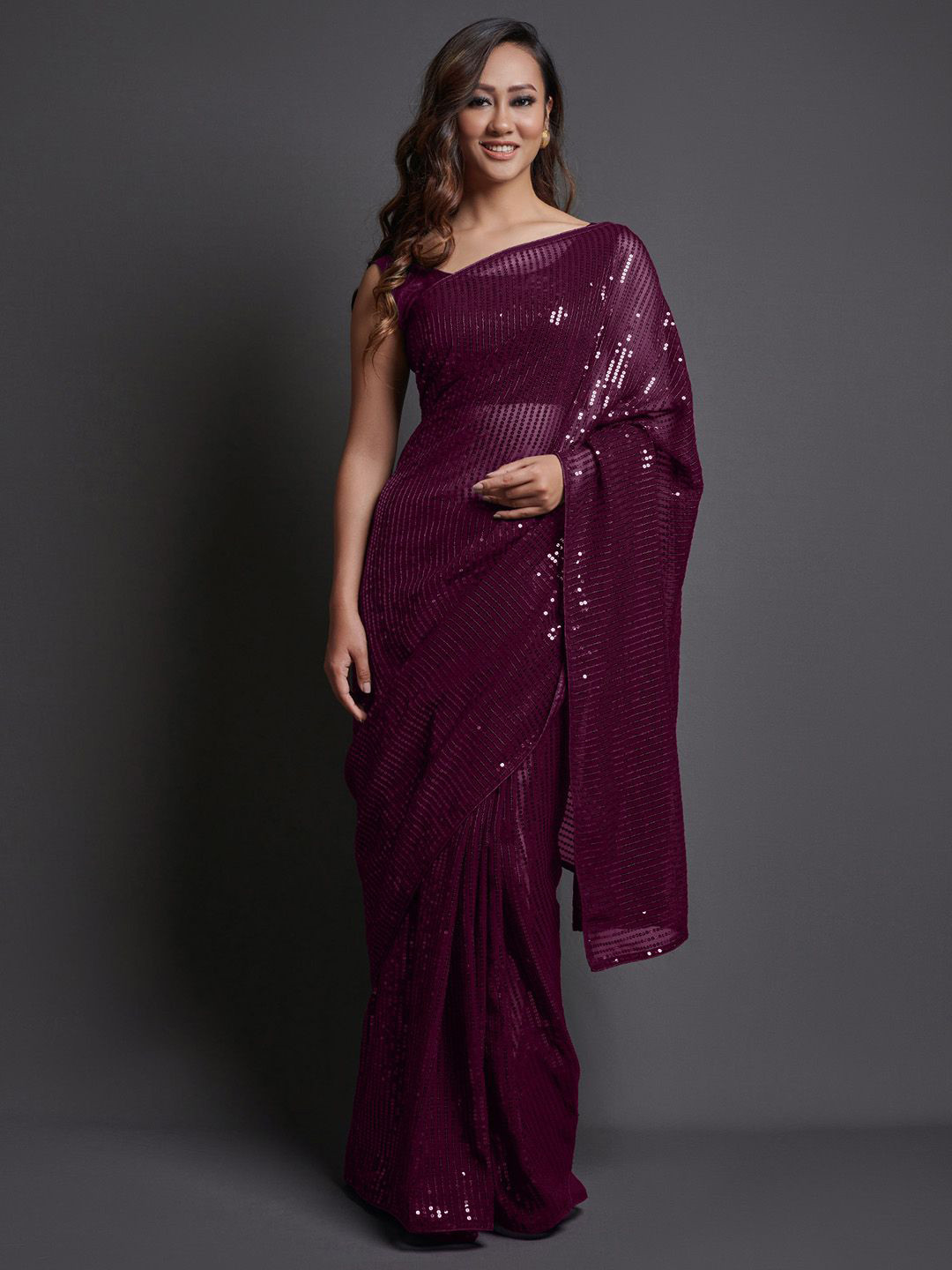 Sangria Georgette Embellished Party Wear Saree with Matching Blouse