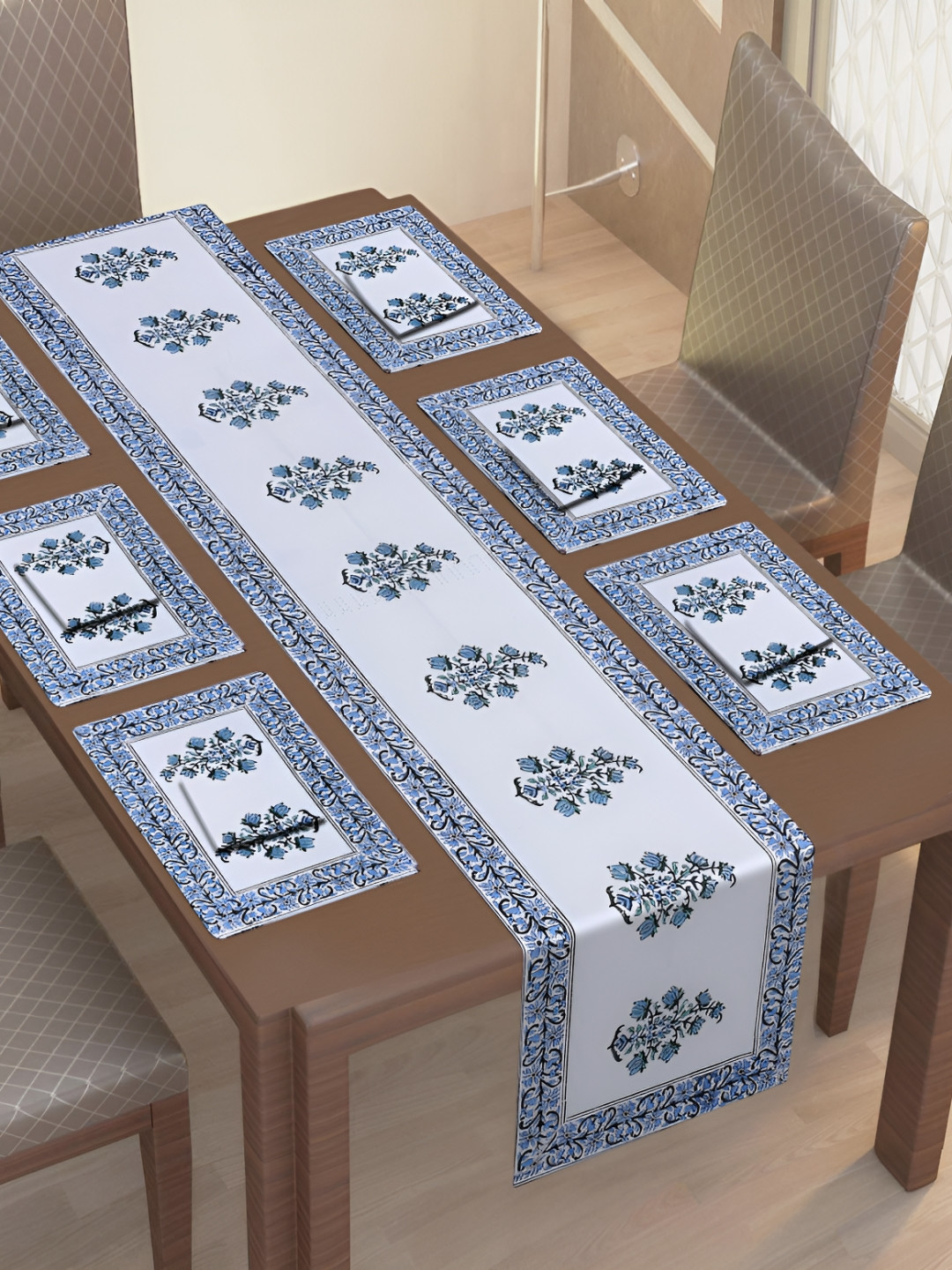 Texstylers White & Blue 13 Pieces Floral Printed Cotton Canvas Table Linen Sets