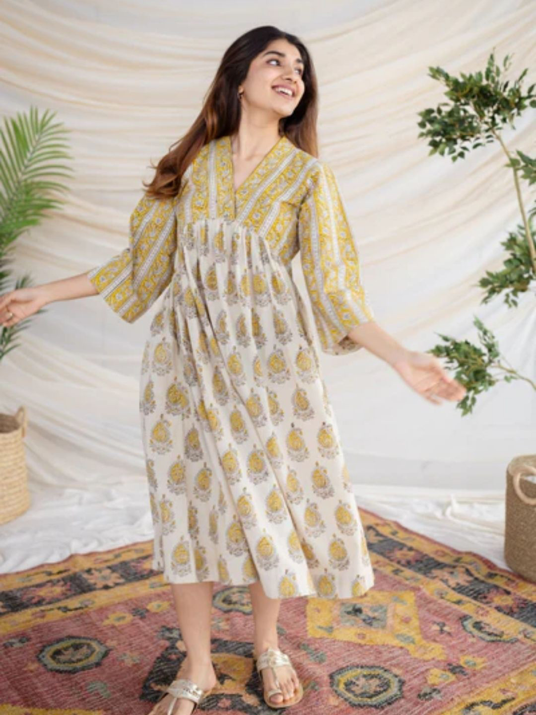 THE INDIAN ETHNIC CO White A-Line Bagru Cotton Dress
