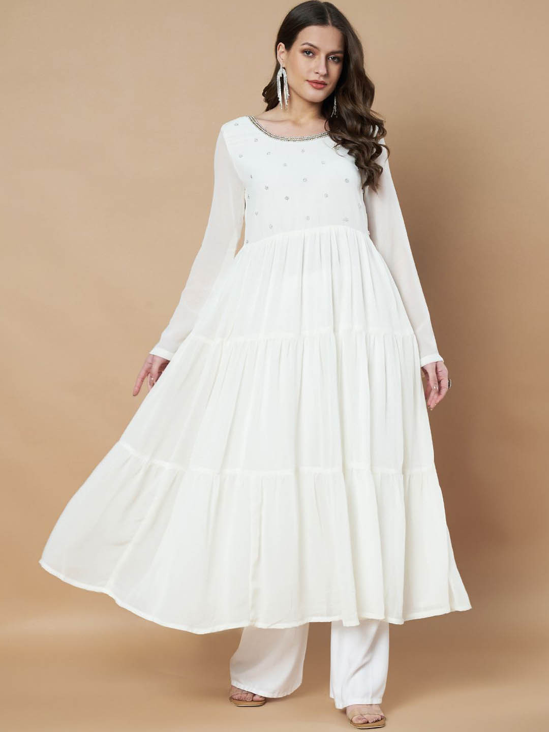 Poshak Hub Floral Embroidered Beads And Stones Georgette Tiered Anarkali Kurta