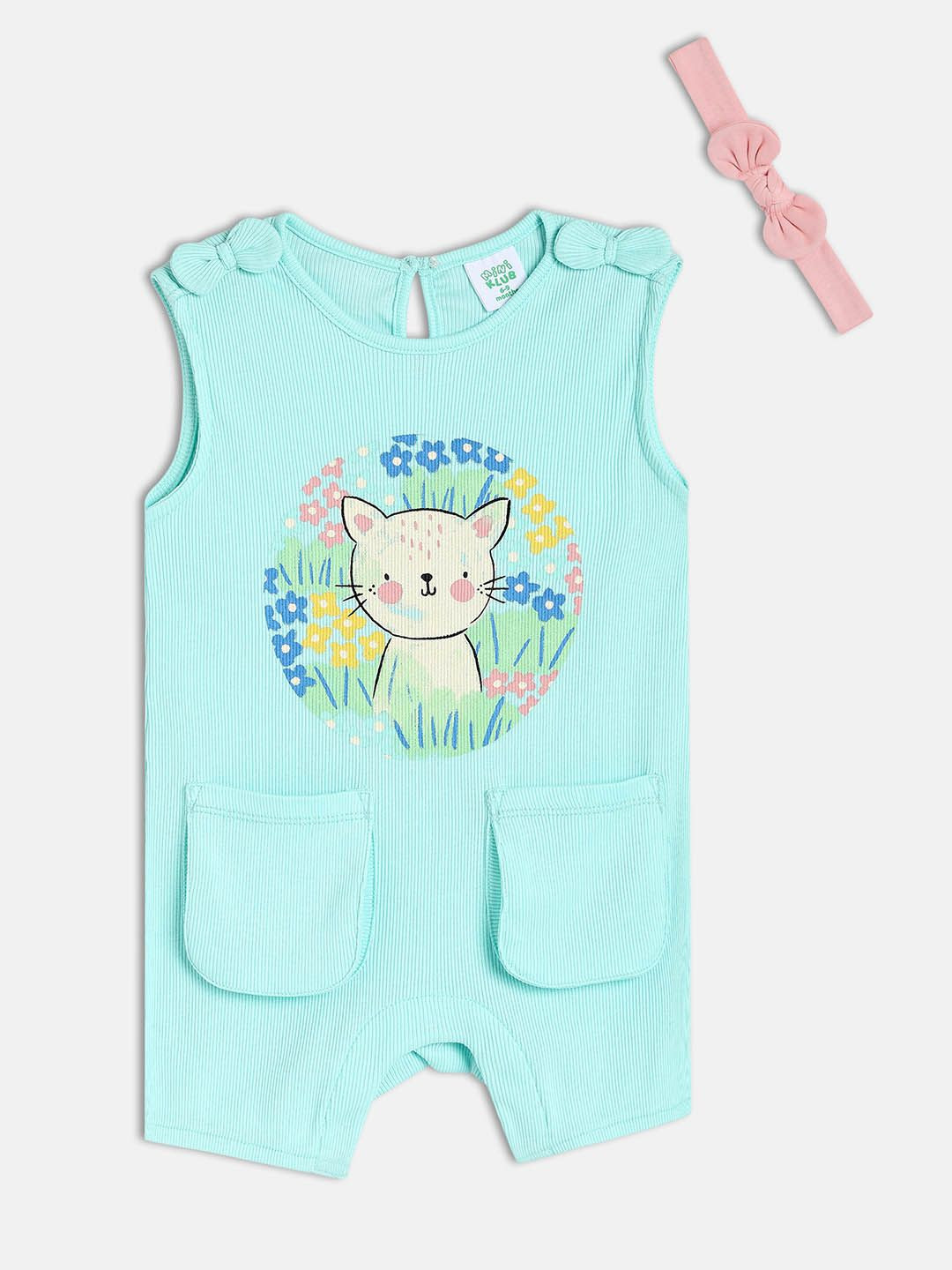 MINI KLUB Infant Girls Animal Printed Cotton Romper With Hair Band