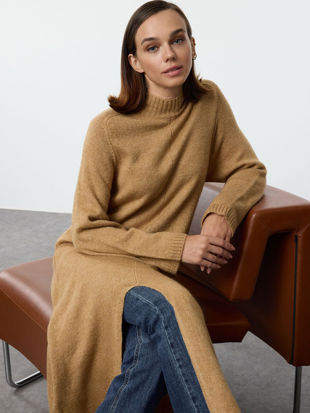 Trendyol Camel High Neck Midi Jumper Dress