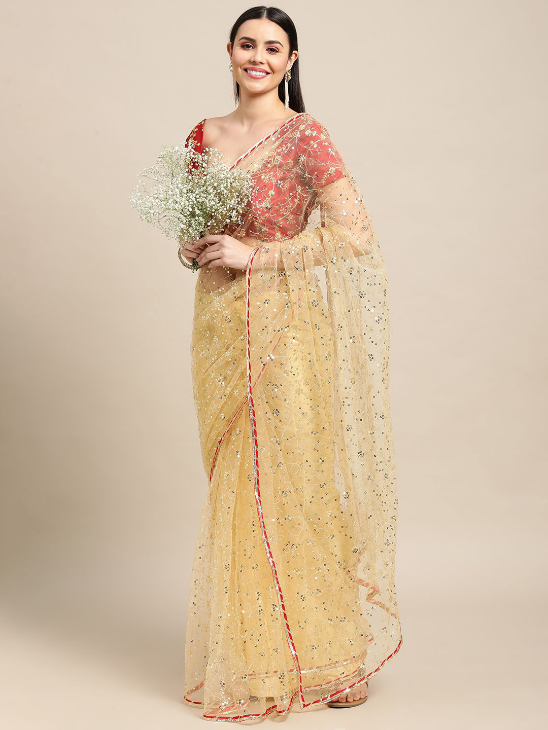 Warthy Ent Woven Design Embroidered Net Fusion Saree