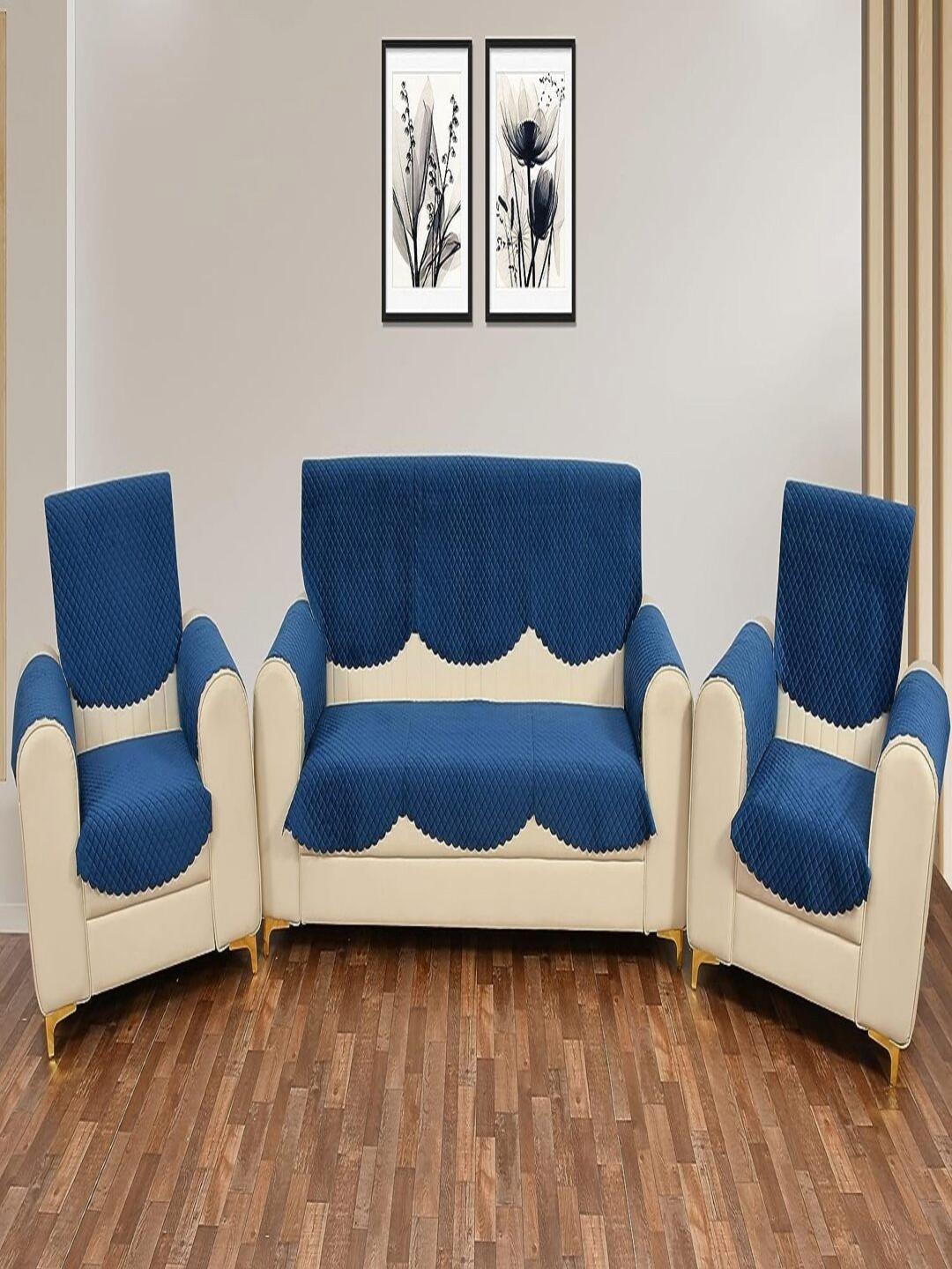 Fashion Throw Navy Blue 12 Pieces Quilted Five Seater Velvet Sofa Cover With Arms