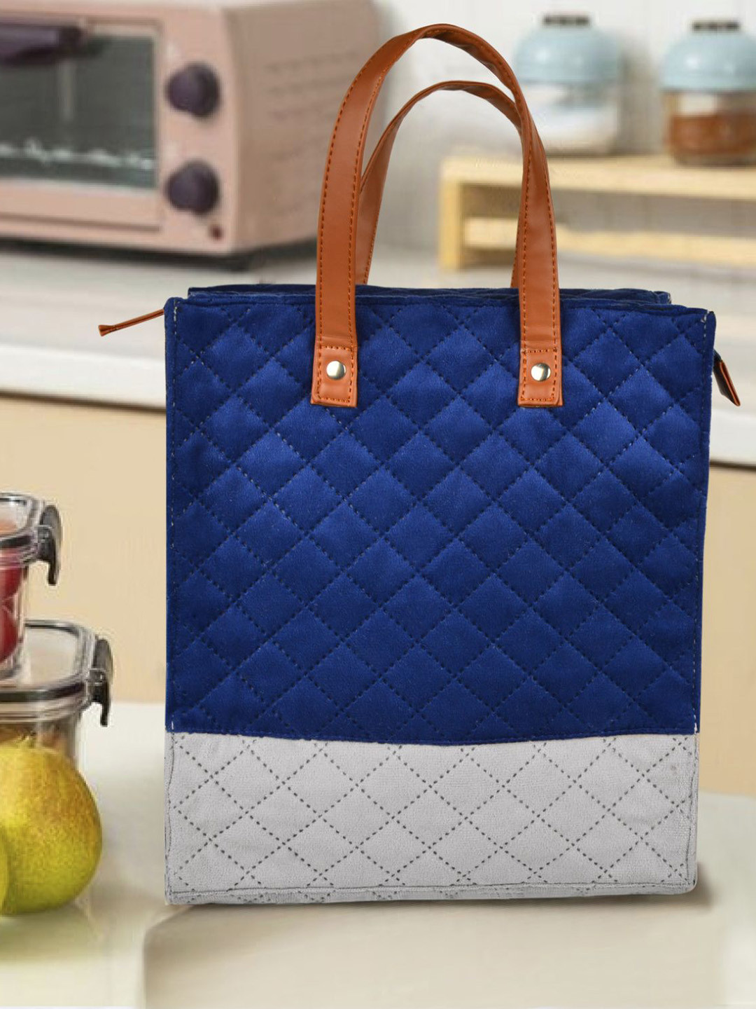 StyleMyWay Blue & Grey Velvet Lunch Bag