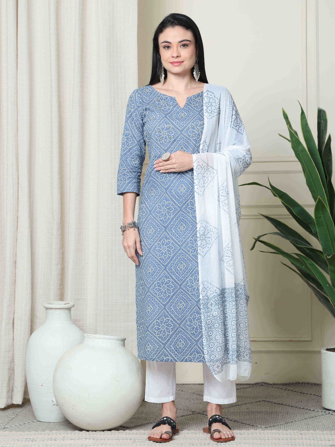 Roly Poly Bandhani Printed Notch Neck Pure Cambric Cotton Kurta With Trouser & Dupatta