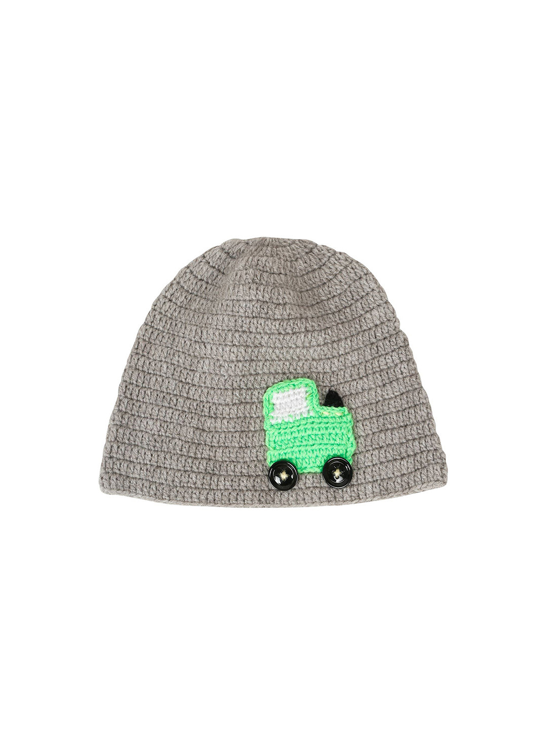 LITTLE GINNIE Kids Grey & Green Self Design Car Embroidered Crochet Woollen Beanie