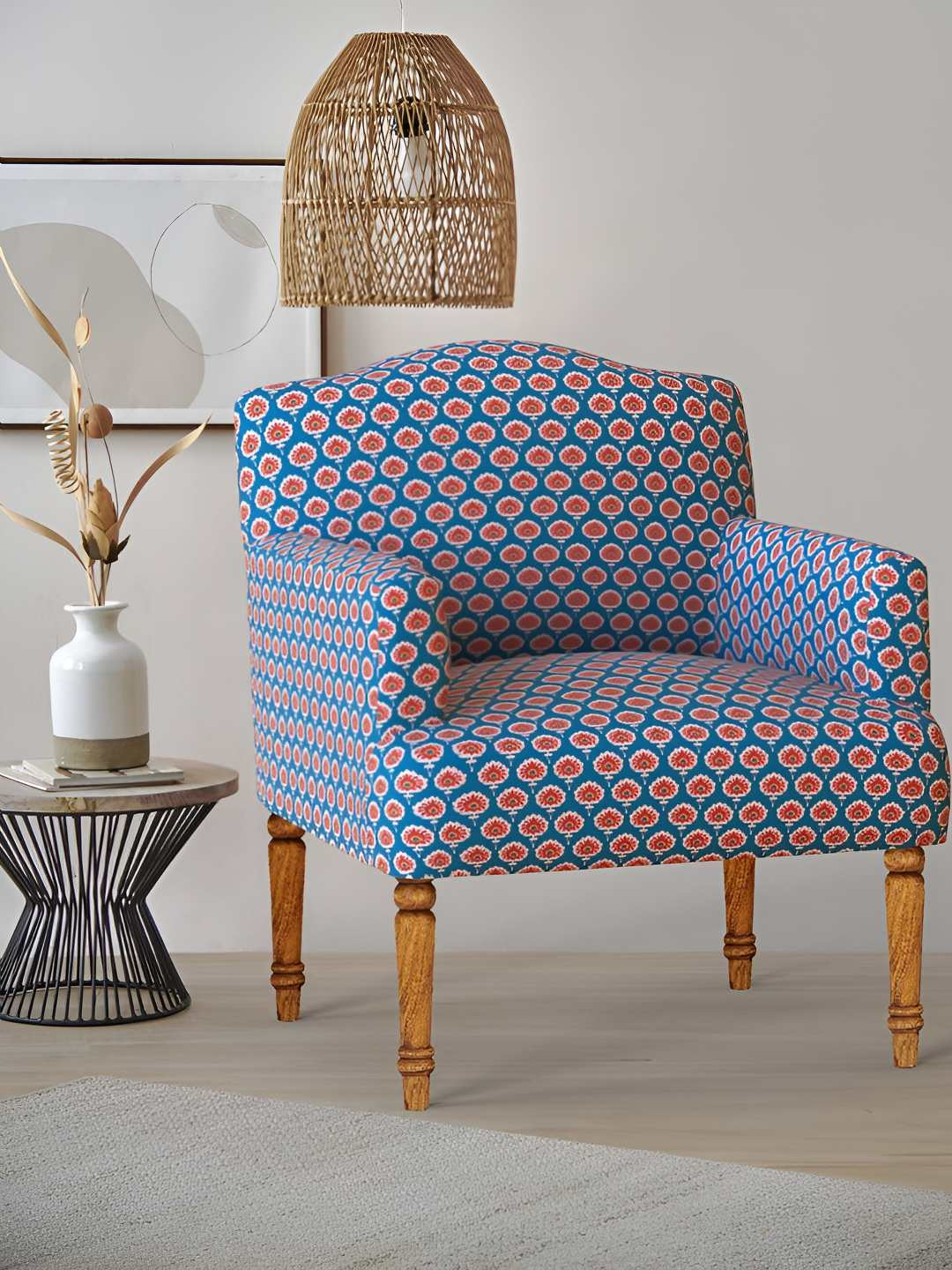 Chumbak Blue & Orange-Coloured Floral Printed Ikkat Nawaab Arm Chair