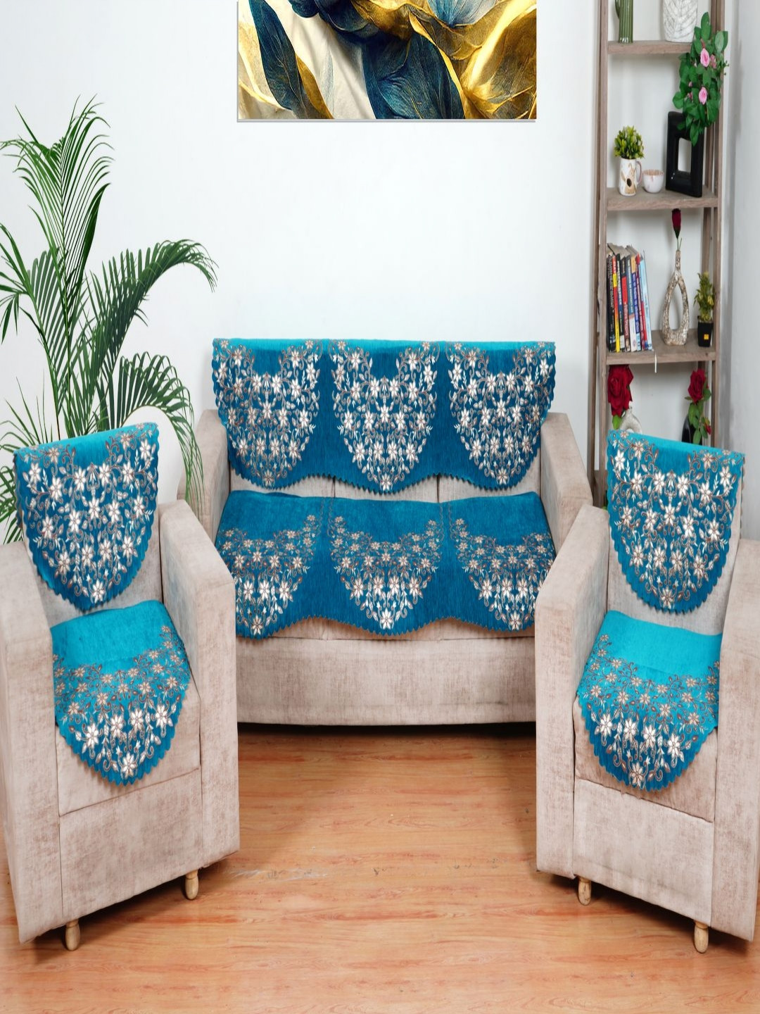 Fashion Throw Turquoise Blue and White 5-Seater Floral Printed Jacquard Sofa Covers