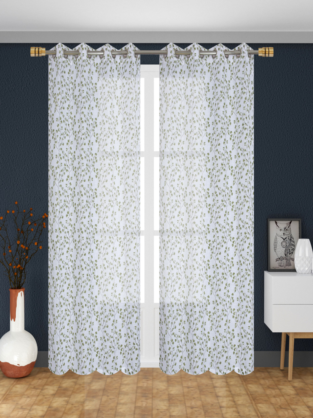 Florida White & Olive Green 2 Pieces Floral Printed Sheer Long Door Curtains