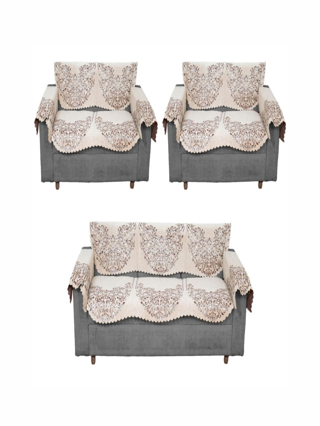 Fashion Throw Beige and Brown 7-Seater Floral Printed Jacquard Sofa Cover With Arms