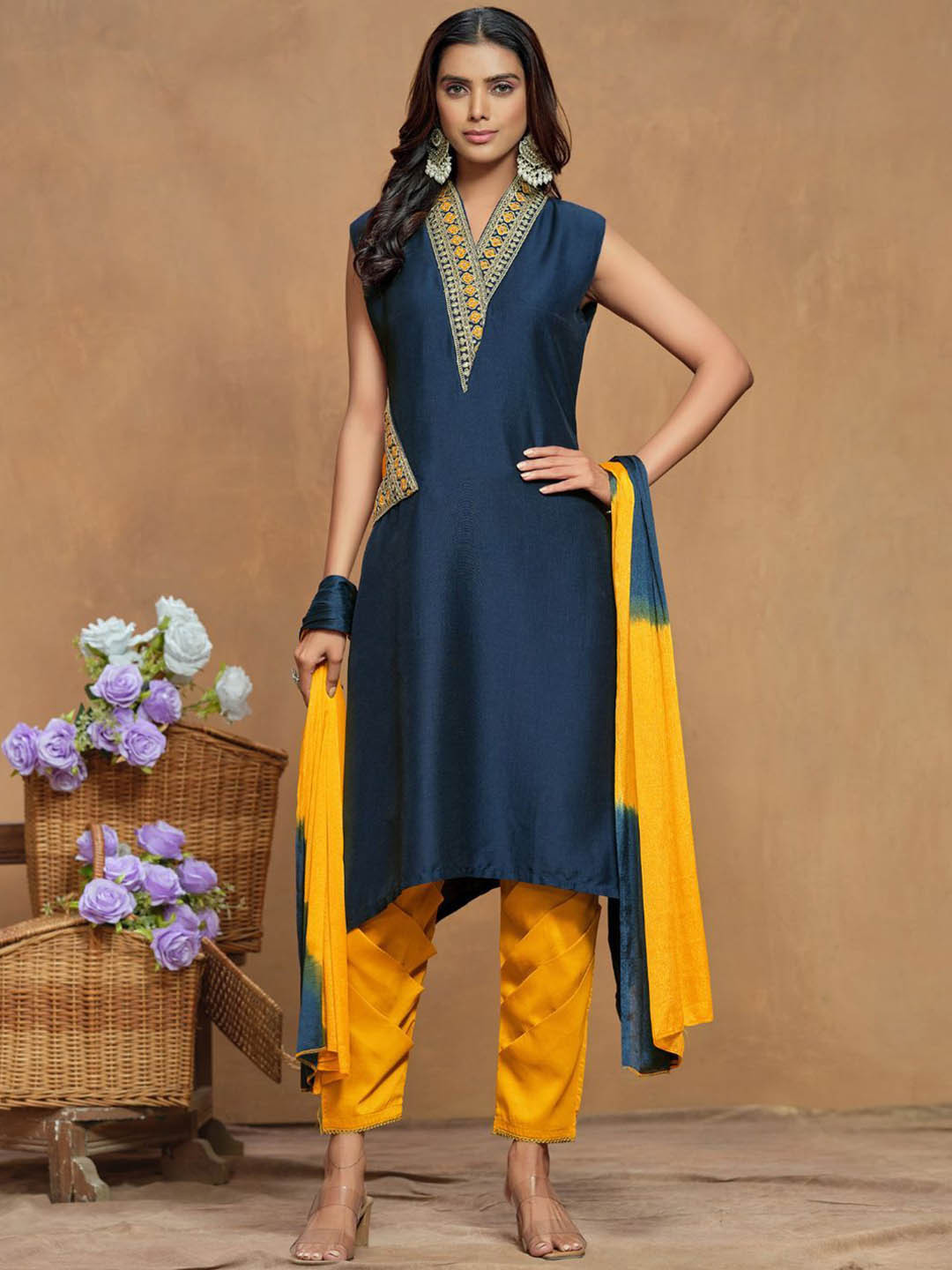 Sangria Women Cotton Silk Embroidered Asymmetrical Kurta Pant With Dupatta Set