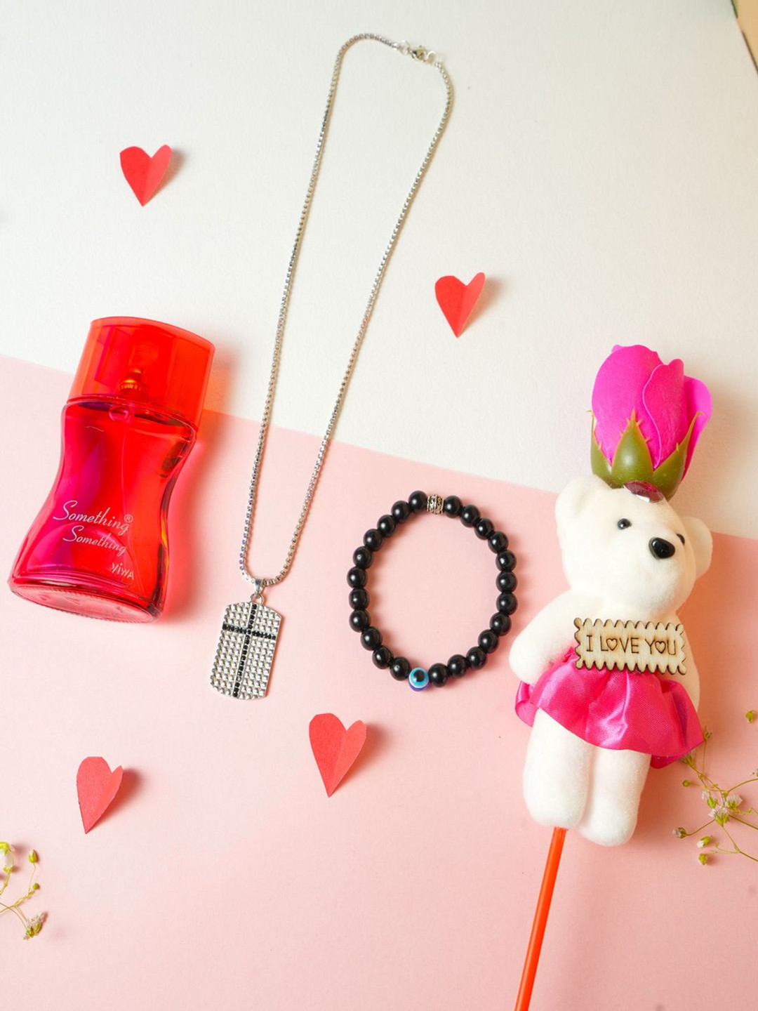 VIRAASI Set Of 4 Valentine Teddy With Chain Bracelet And Perfume Gift Set