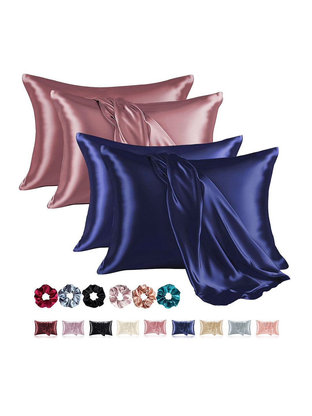 Kuber Industries Navy Blue & Rose Gold Toned 4 Pieces Soft Satin Rectangle Pillow Covers